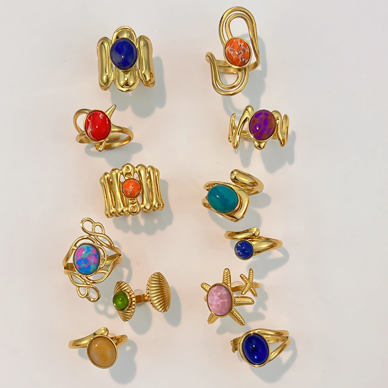 1 Adet Doğal Taş Paslanmaz Çelik Altın Renkli Yüzük Resim2