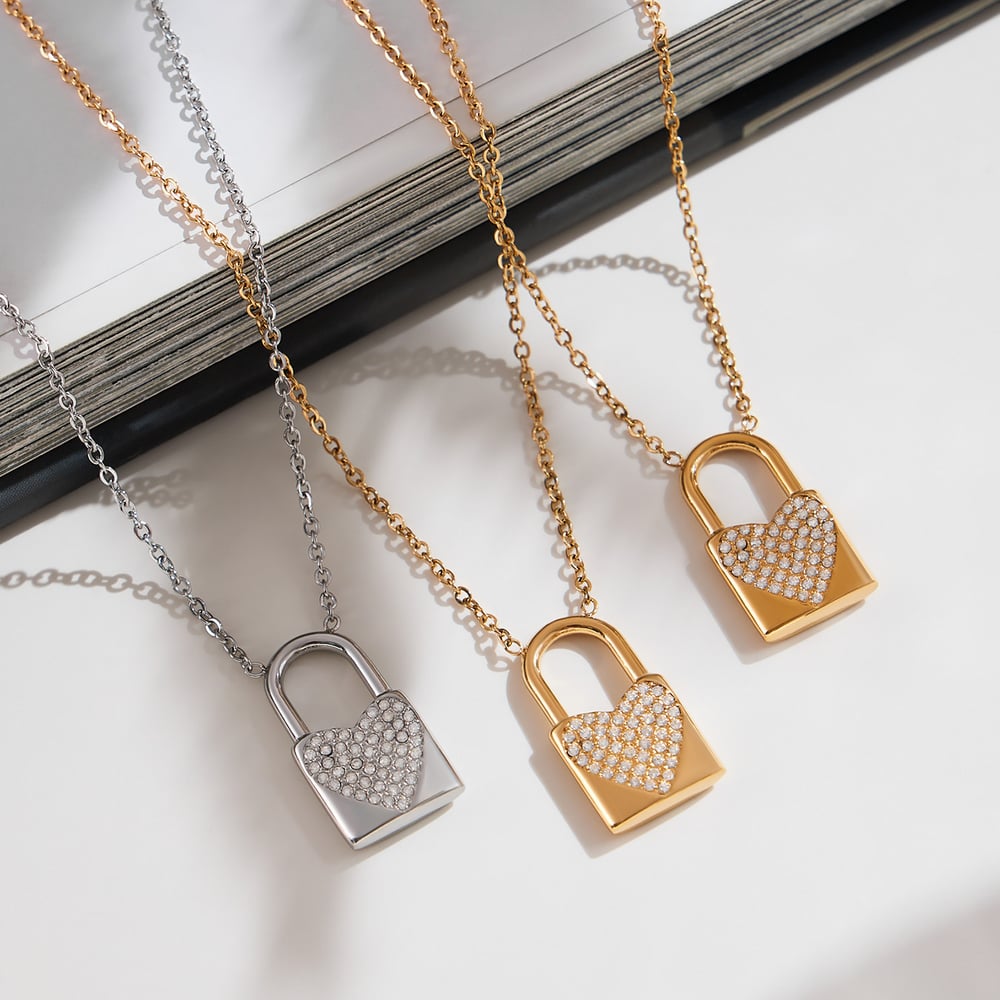 1 Piece Sparkling Lock Stainless Steel Gold Color Zircon Women's Pendant Necklaces Picture3