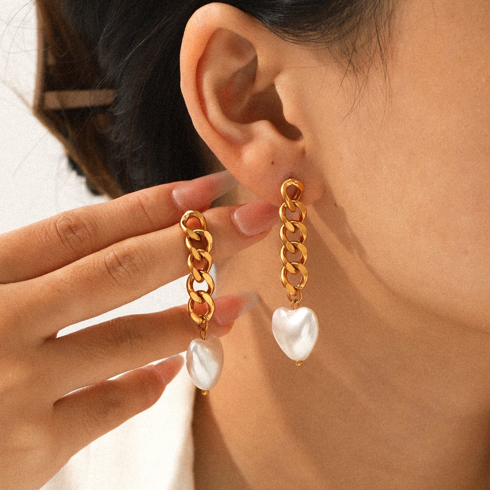 1 Pair Chain Stainless Steel Gold Color Heart Pearl Dangle Earrings h5Picture4