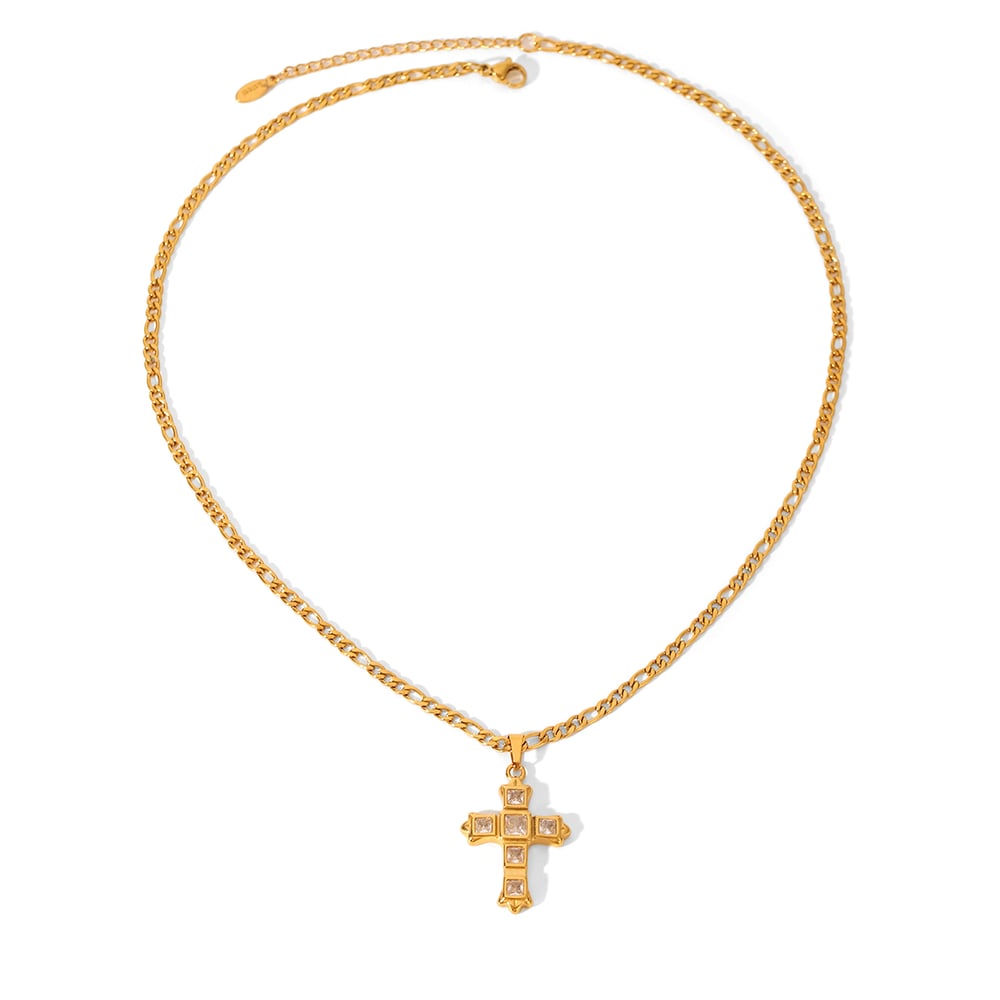 1 Piece Cross Stainless Steel Gold Color Zircon Pendant Necklace