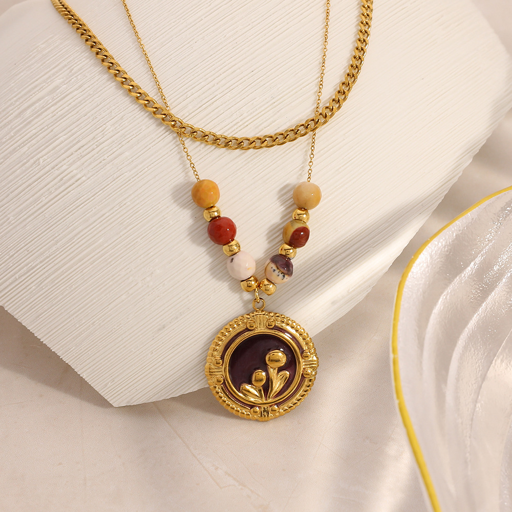 Collier avec pendentif simple en forme de cercle floral en acier inoxydable pour femme, 1 pièce h5Image3