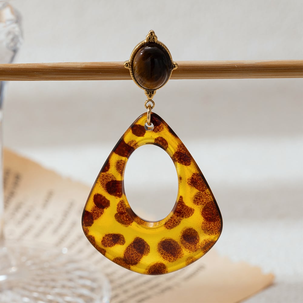 1 Pair Retro Enamel Flower Stainless Steel  Gold Color  Natural Stone Drop Earrings h5Picture3