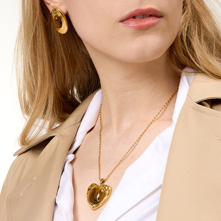 Classic Heart Stainless Steel Gold Color Natural Stone Women's Jewelry Sets h5Picture5