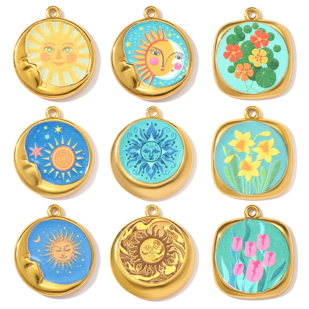 1 Piece Colorful Flower Pattern Stainless Steel Women's Pendants Picture5
