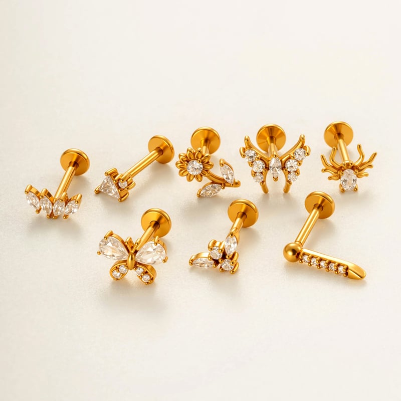 1 Piece Flower Butterfly Stainless Steel Gold Color Zircon Women's Piercing Earrings Picture5