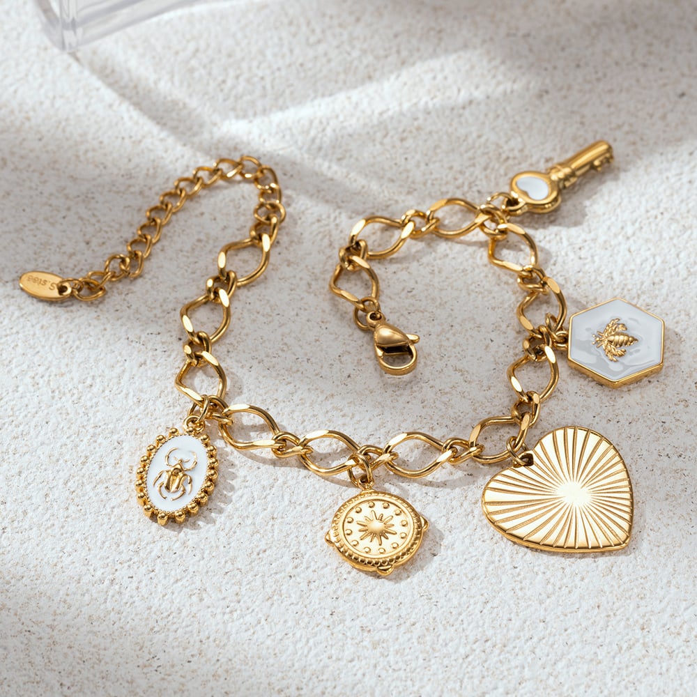 Retro Herz Emaille Biene Edelstahl Gold Farbe Halsketten Sets h5Bild4