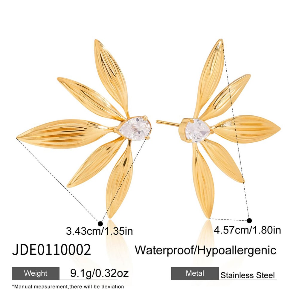1 Pair Elegant Leaves Stainless Steel Gold Color Zircon Women's Stud Earrings h5Picture2