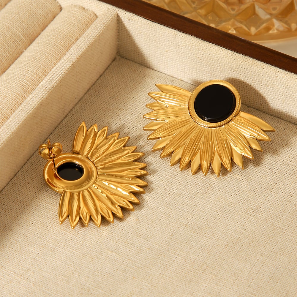 1 Pair Retro Leaf Stainless Steel Gold Color Natural Stone Stud Earrings h5Picture4