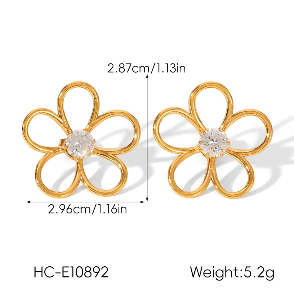 1 Pair Flower Stainless Steel Gold Color Zircon Stud Earrings Picture2