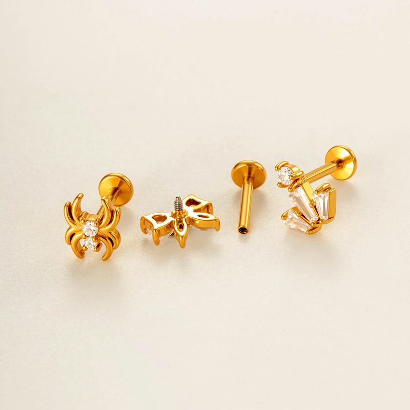 1 Piece Delicate Heart Bow Knot Snake Stainless Steel Gold Color Zircon Women's Piercing Earrings Picture4