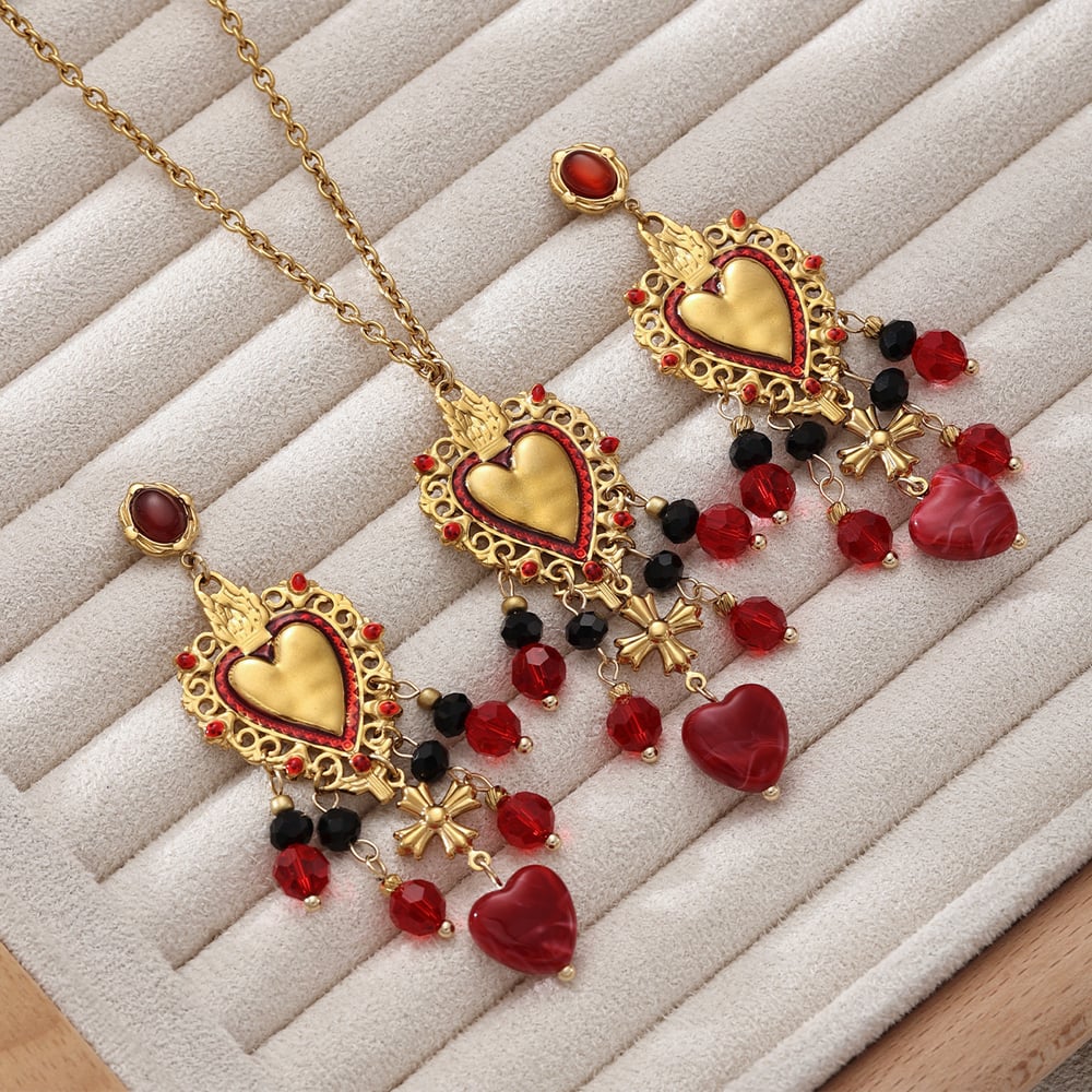 Retro Heart Stainless Steel Gold Color Crystal Tassel Natural Stone Necklace Set h5Picture3