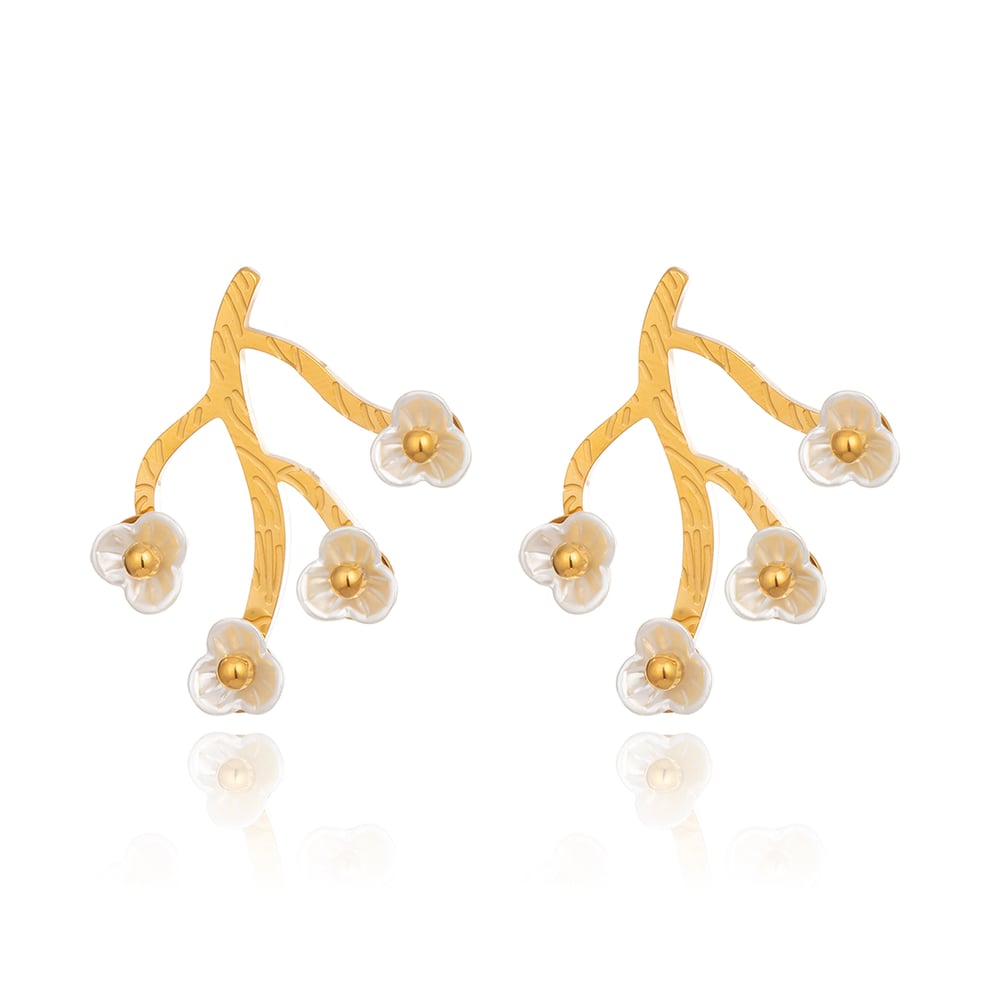 1 paire de boucles d&#39;oreilles à clous romantiques en acier inoxydable doré et coquillage, motif floral Image4