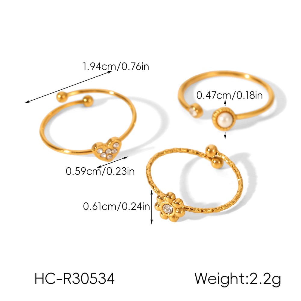 Flower Heart Stainless Steel Gold Color Zircon Rings Set h5Picture2