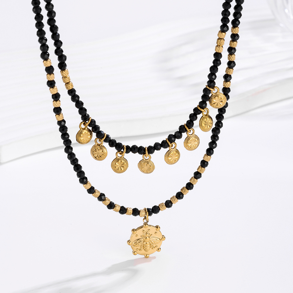 1 Piece Vintage Bee Black Spinel Stainless Steel Women's Layered Necklaces Picture3