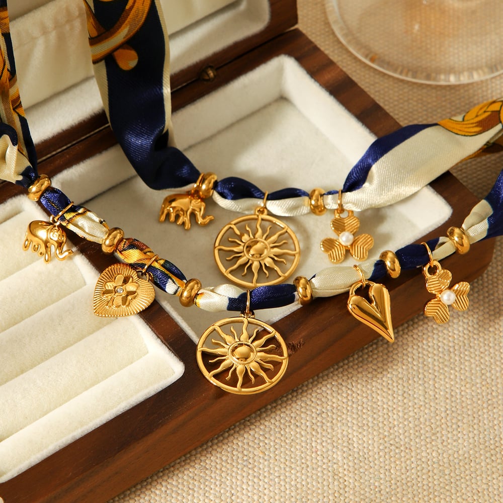 Stainless Steel Heart Gold Color Fabric Pendant Necklace Set h5Picture3