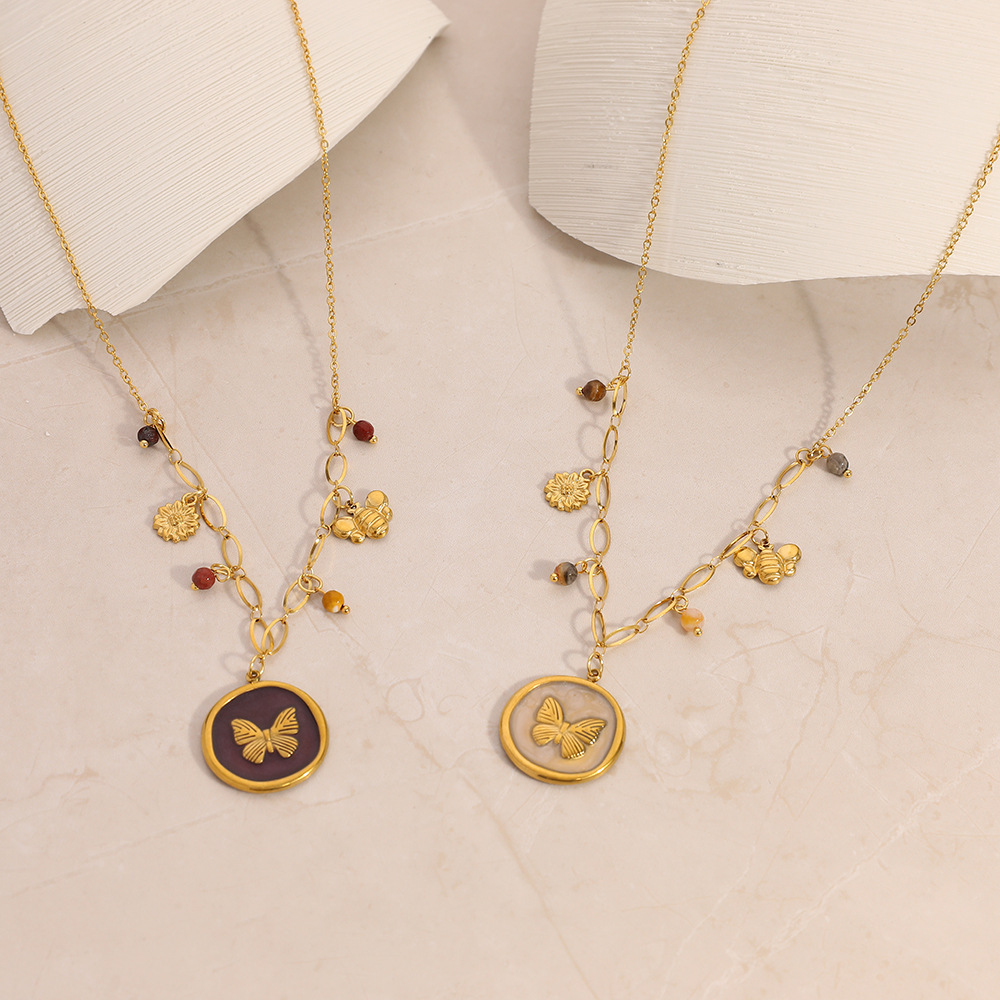 Collier avec pendentif en forme de papillon et de fleur en acier inoxydable pour femme, 1 pièce h5Image2