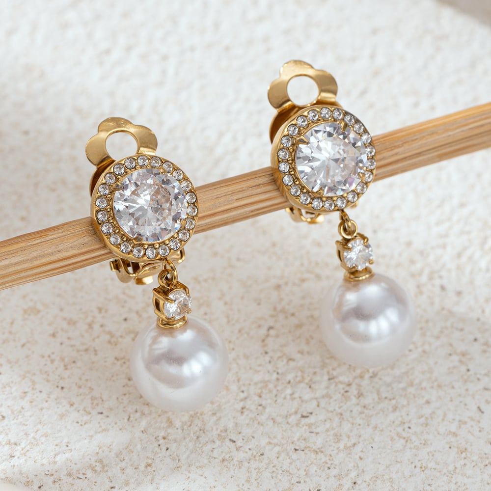 1 Pair Stainless Steel Gold Color Pearl Clip-On Earrings Picture4