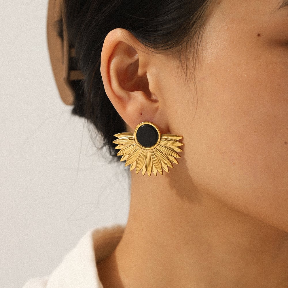 1 Pair Retro Leaf Stainless Steel Gold Color Natural Stone Stud Earrings h5Picture5