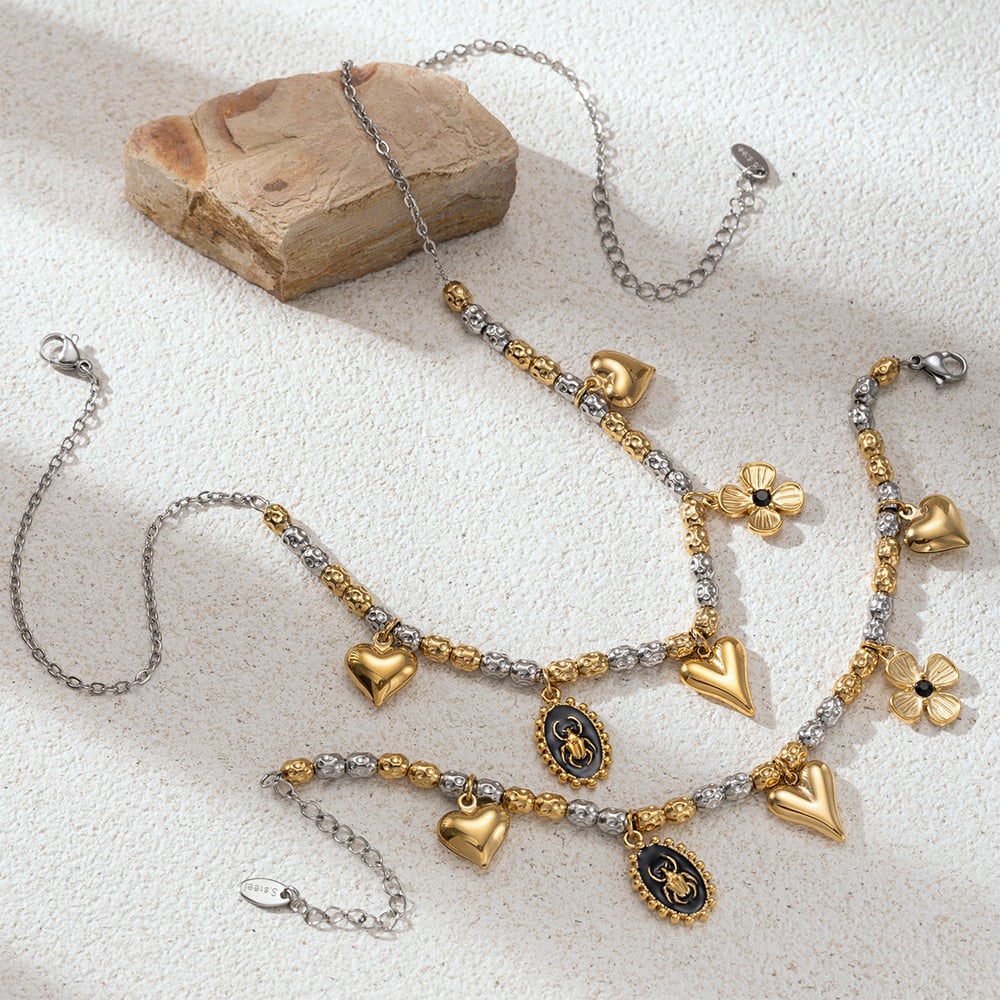 Herz Gemischte Farbe Perlen Edelstahl Halsketten Set Bild2