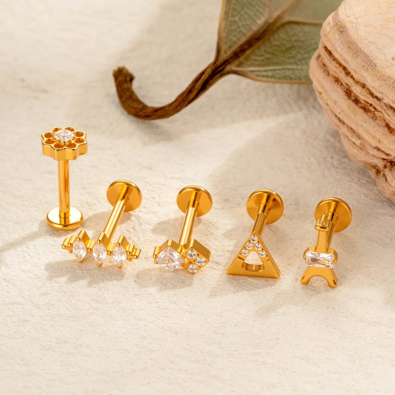 1 Piece Simple Titanium Alloy Gold Color Zircon Women's Piercing Earrings Picture3
