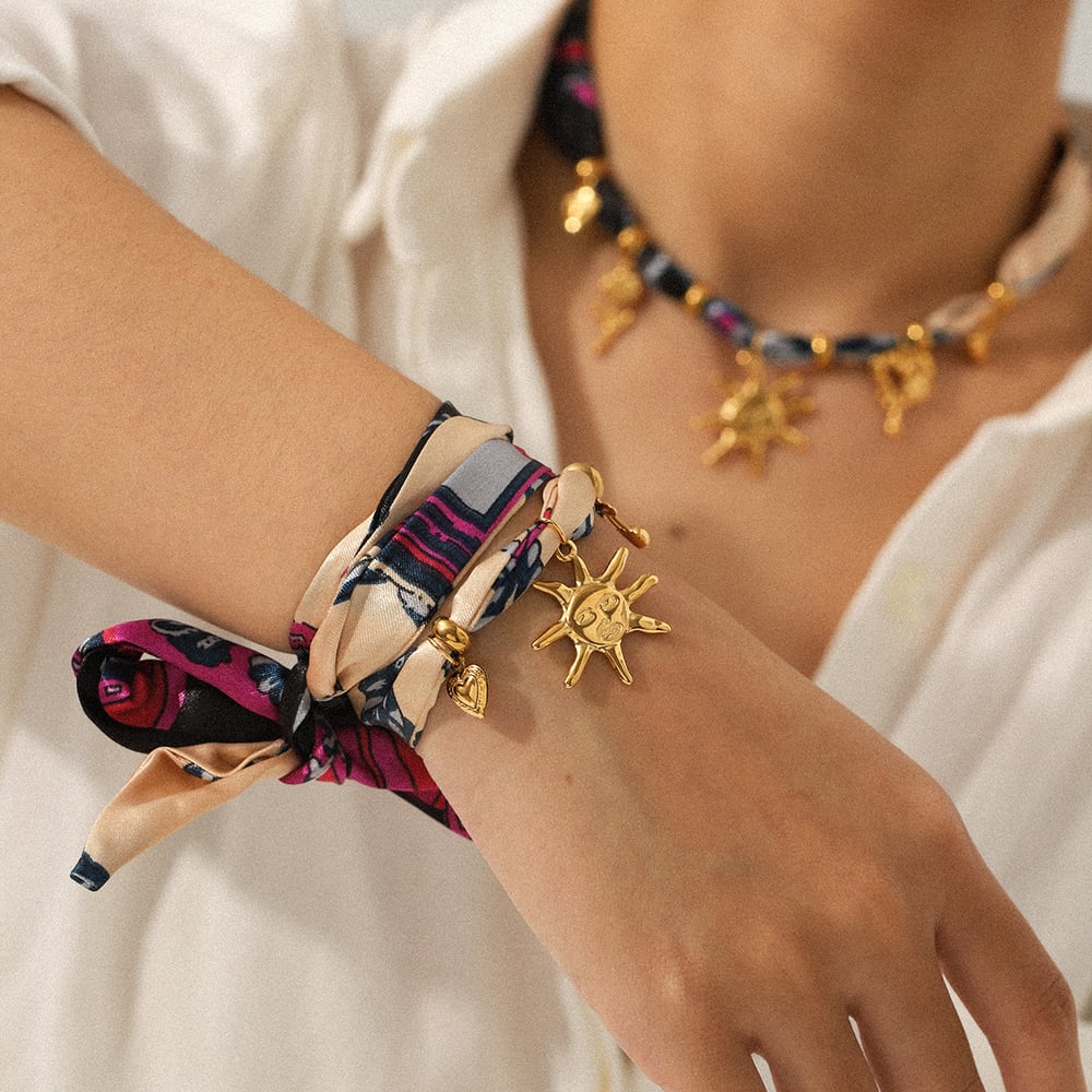 Stainless Steel Sun Gold Color Fabric Necklace Set h5Picture4