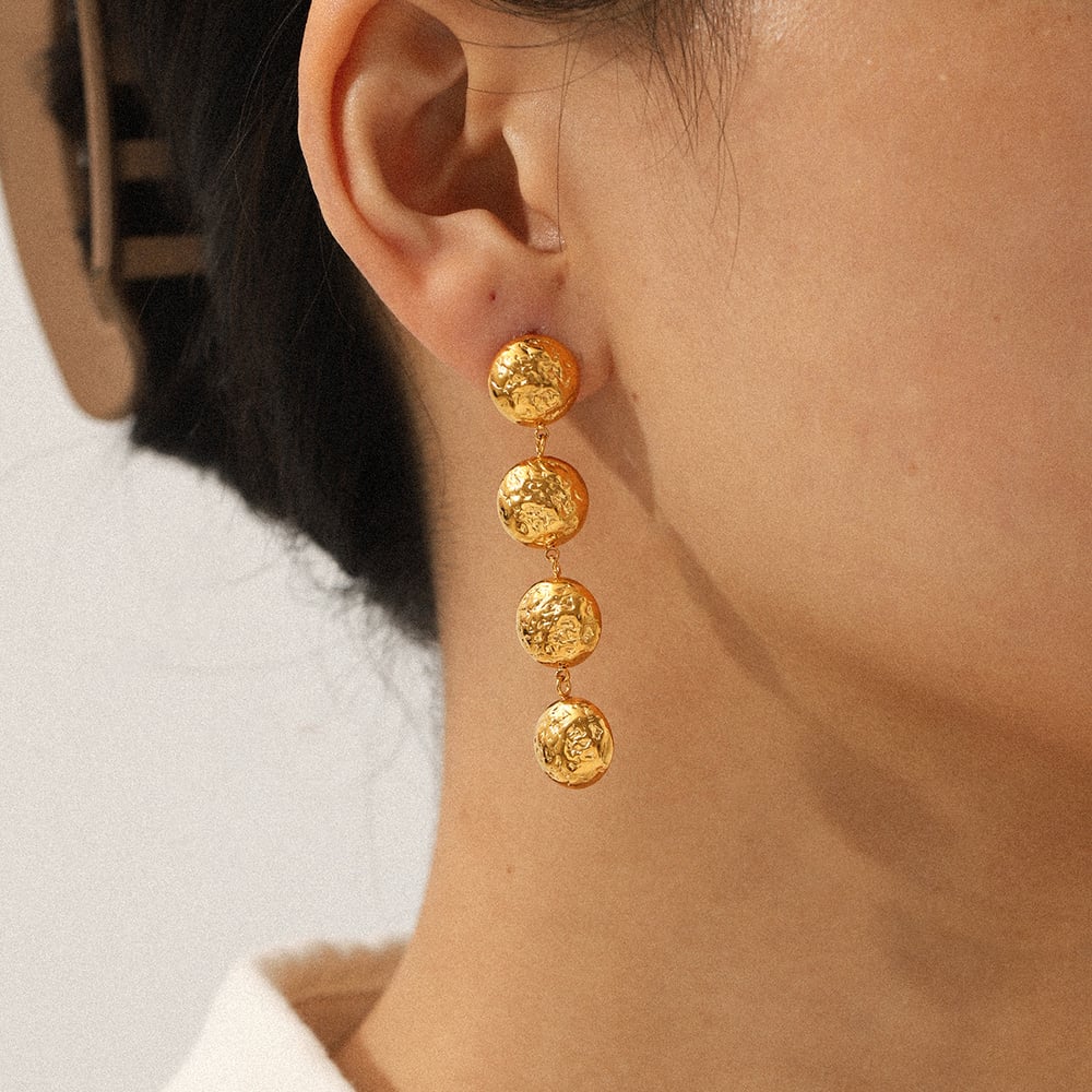 1 Pair Hammer Pattern Spherical Tassel Stainless Steel Gold Color Dangle Earrings Picture5