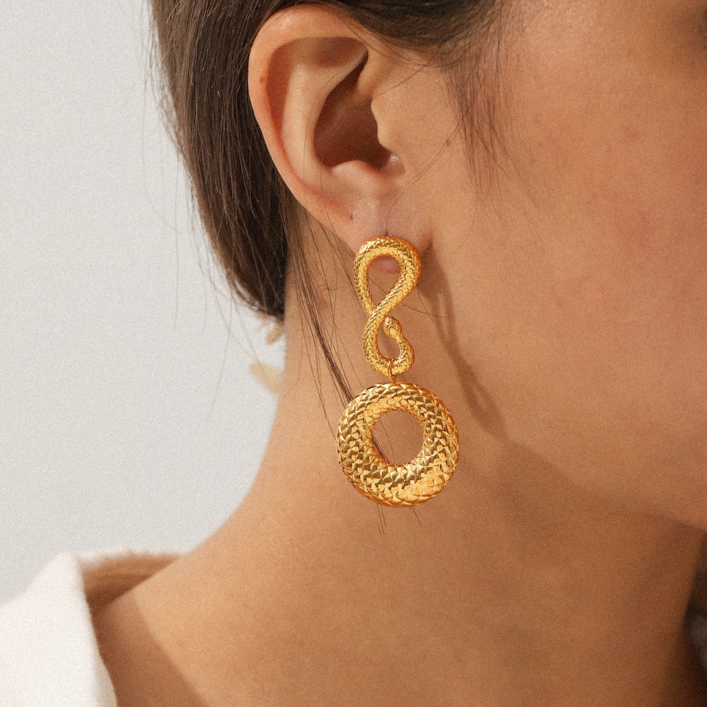 1 Pair Snakeskin Pattern Stainless Steel Gold Color Dangle Earrings h5Picture5