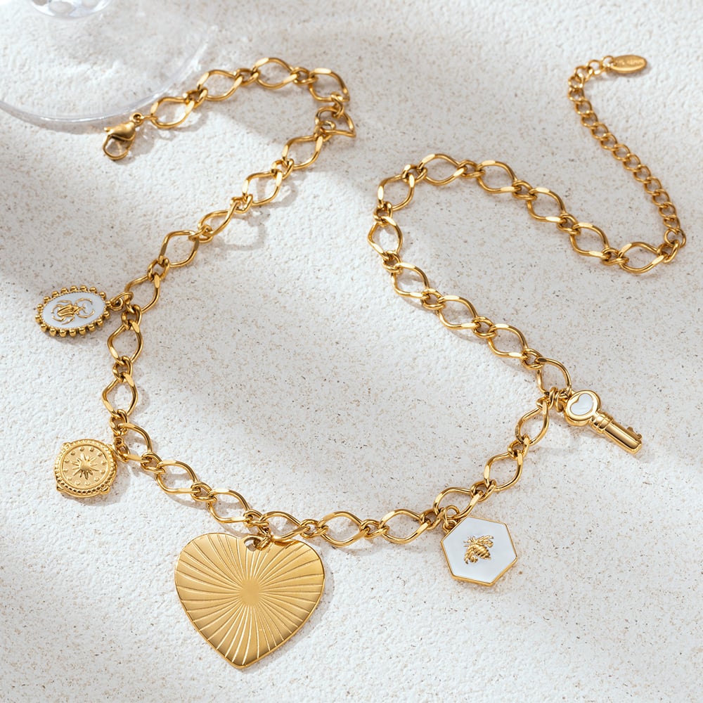 Retro Herz Emaille Biene Edelstahl Gold Farbe Halsketten Sets h5Bild3