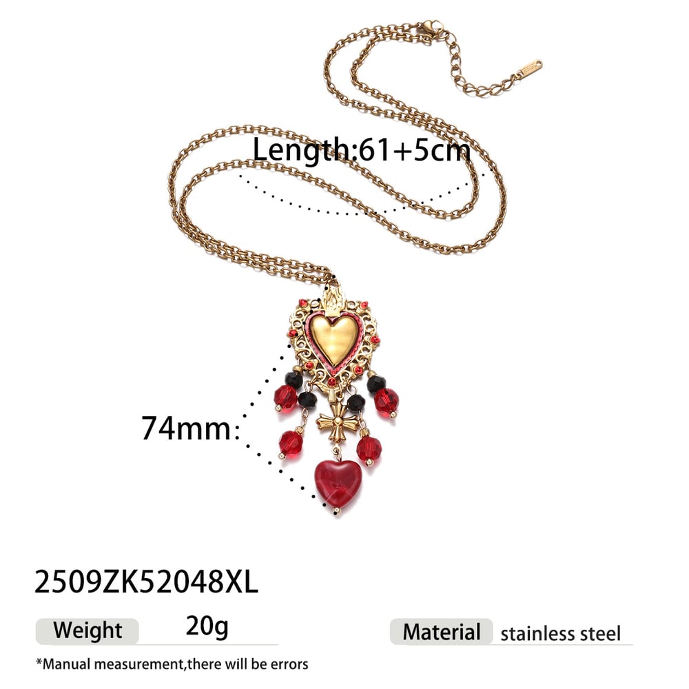 Retro Heart Stainless Steel Gold Color Crystal Tassel Natural Stone Necklace Set