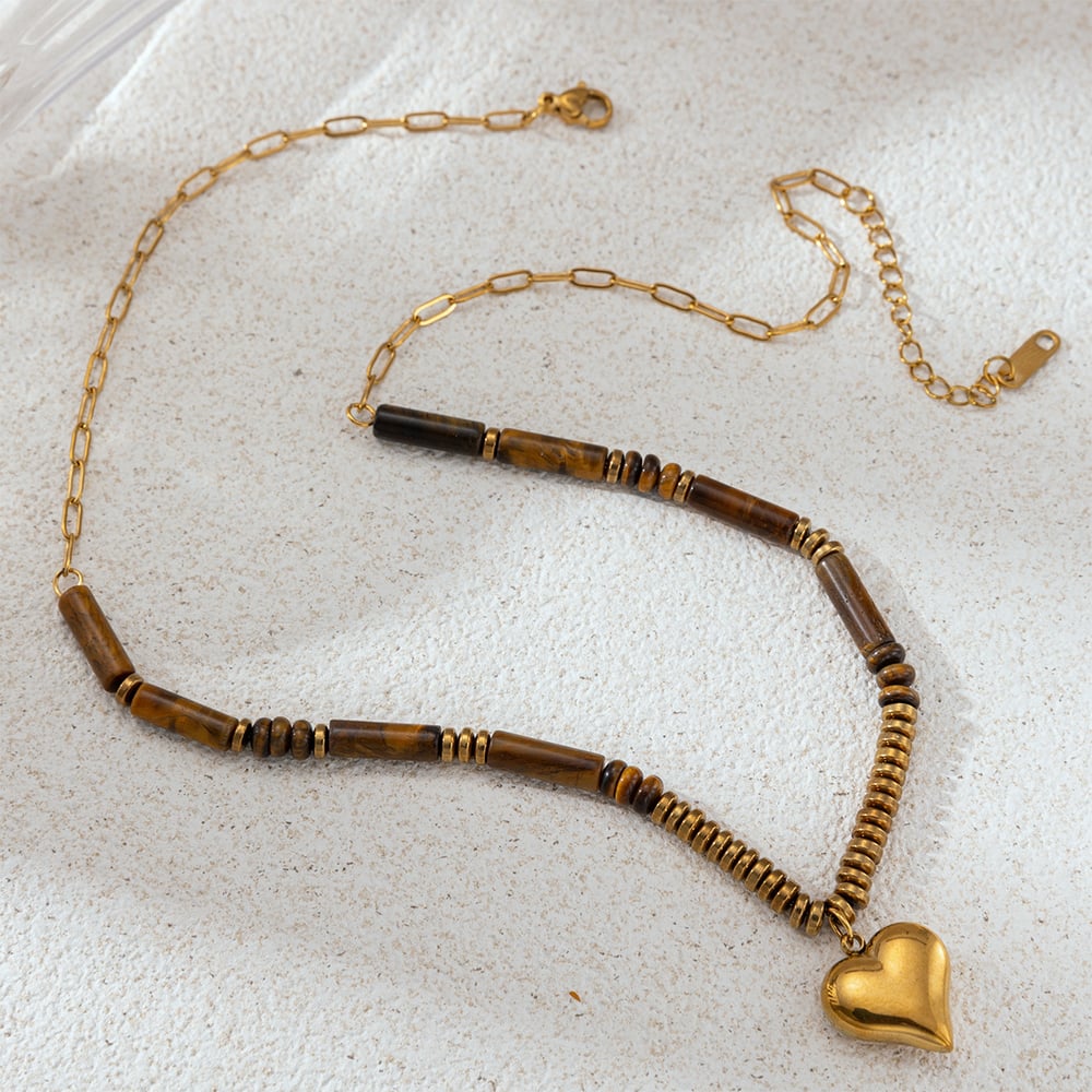 Natursteinperlen Herz Edelstahl Anhänger Halsketten Set Bild4