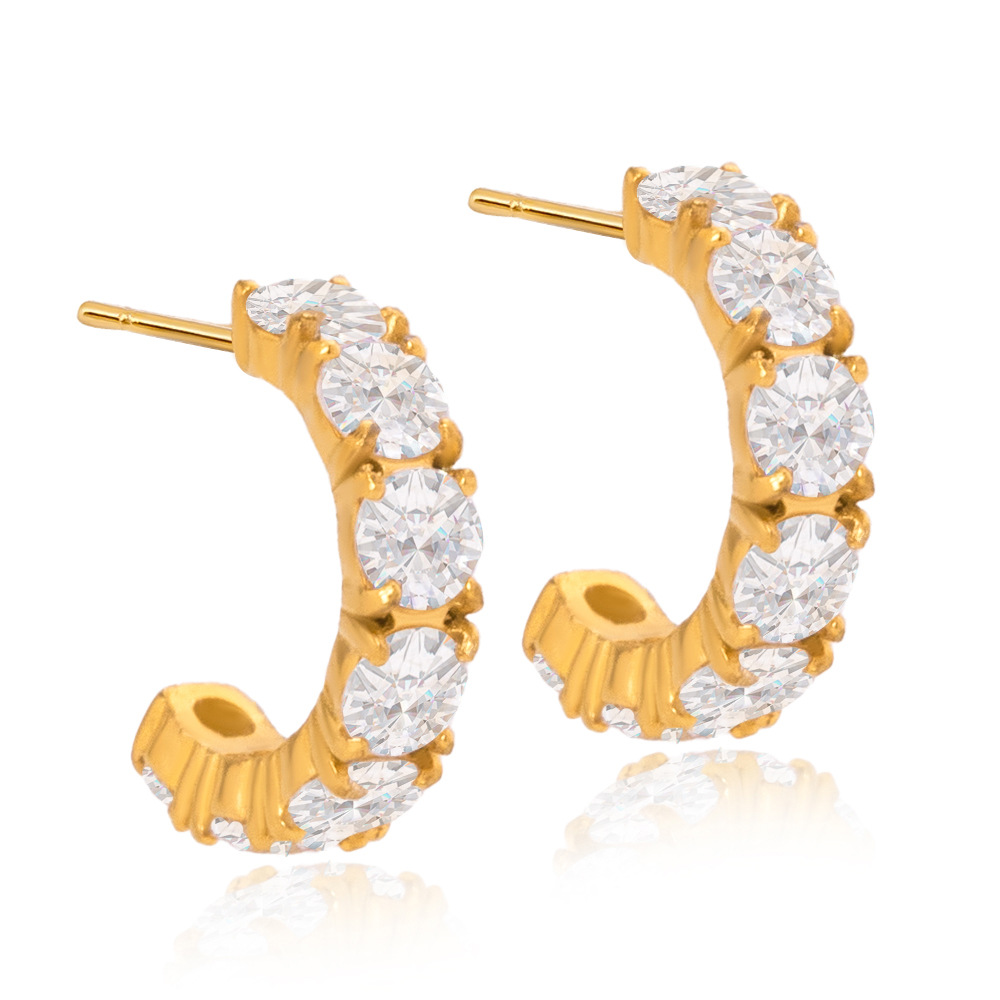 1 Pair Luxurious Circle Stainless Steel Gold Color Zircon Women's Hoop Earrings