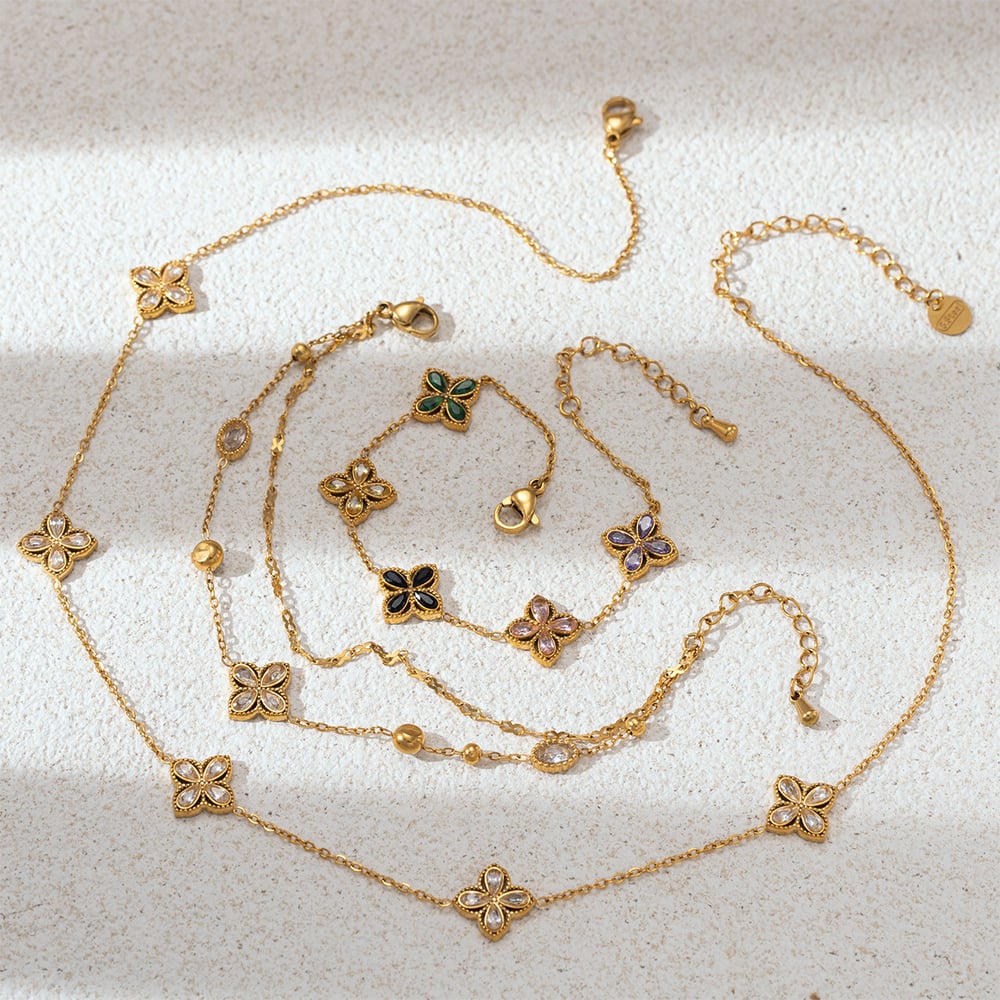 1 Stück elegantes Kleeblatt-Halsketten-Set aus Edelstahl in Goldfarbe mit Zirkonia Bild3