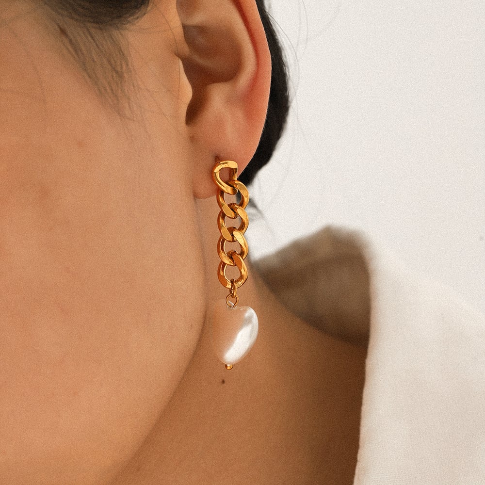 1 Pair Chain Stainless Steel Gold Color Heart Pearl Dangle Earrings h5Picture3