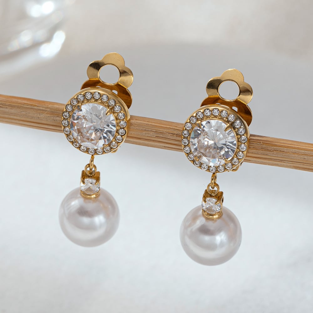 1 Pair Stainless Steel Gold Color Pearl Clip-On Earrings Picture3