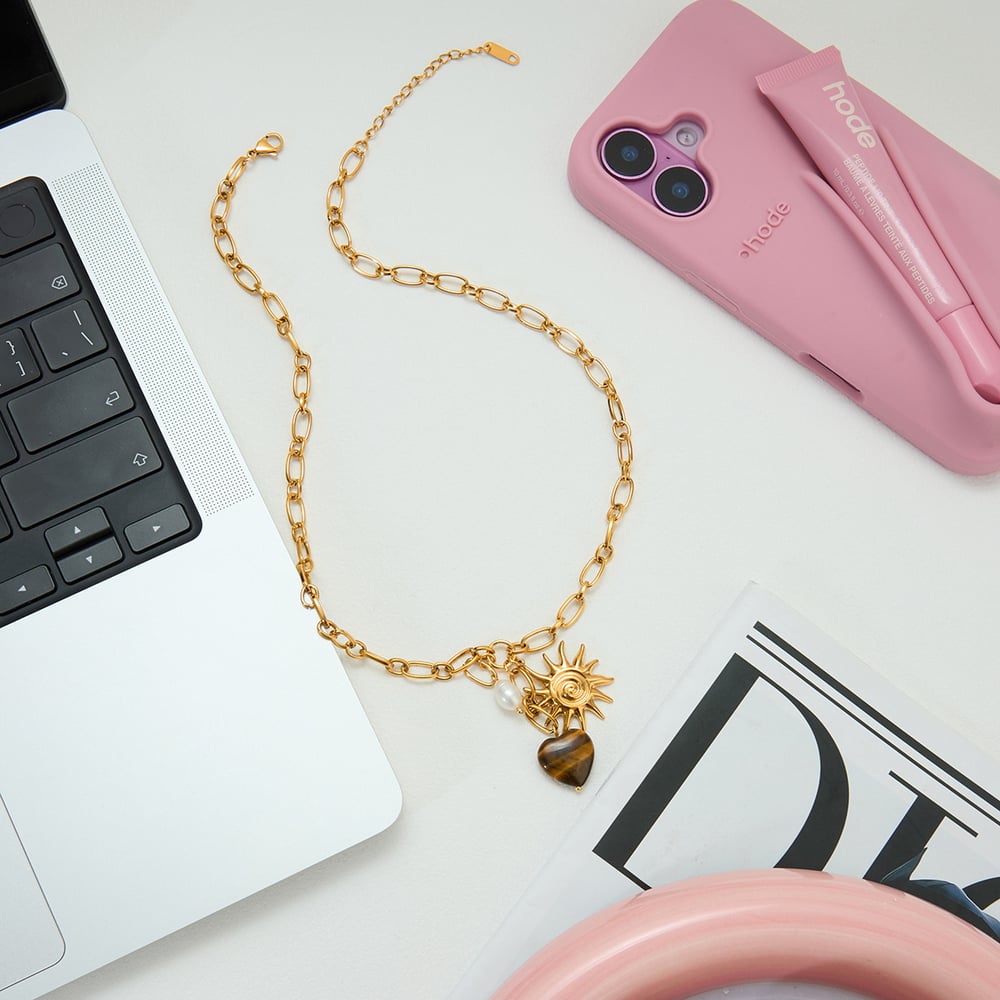 1 Piece Vintage Heart Stainless Steel Gold Color Natural Stone Women's Pendant Necklaces Picture5