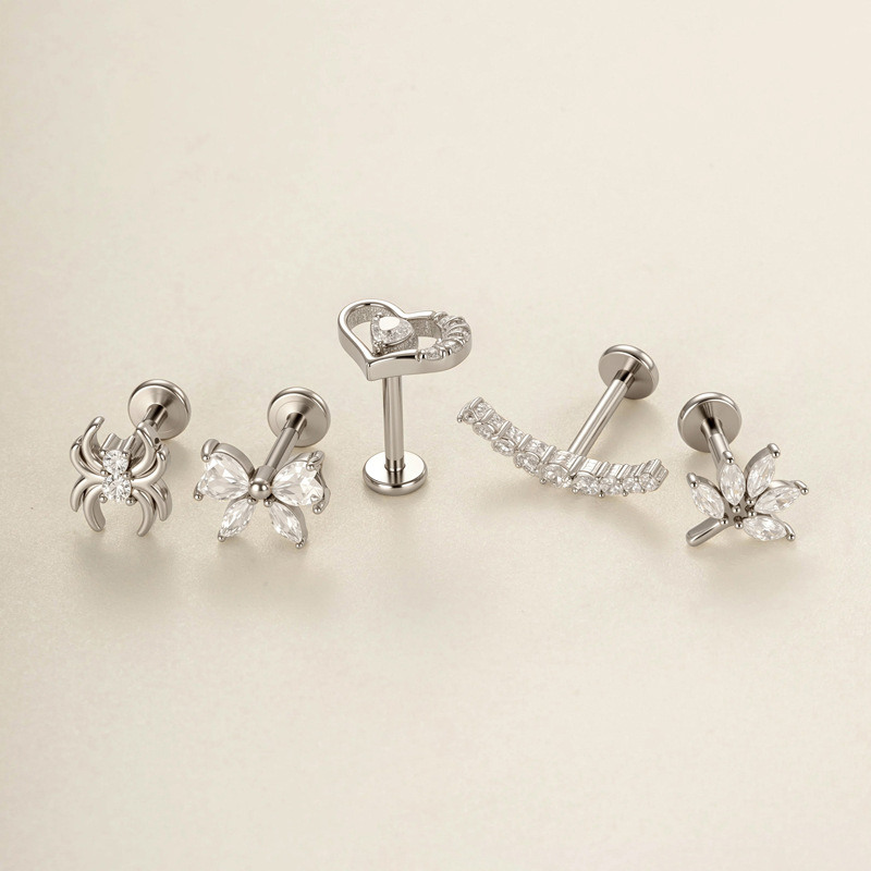 1 Piece Delicate Heart Bow Knot Snake Stainless Steel Gold Color Zircon Women's Piercing Earrings Picture3