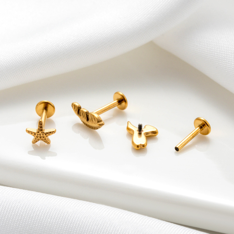 1 Piece Leaf Shape Titanium Alloy Gold Color Zircon Piercing Earring Picture4