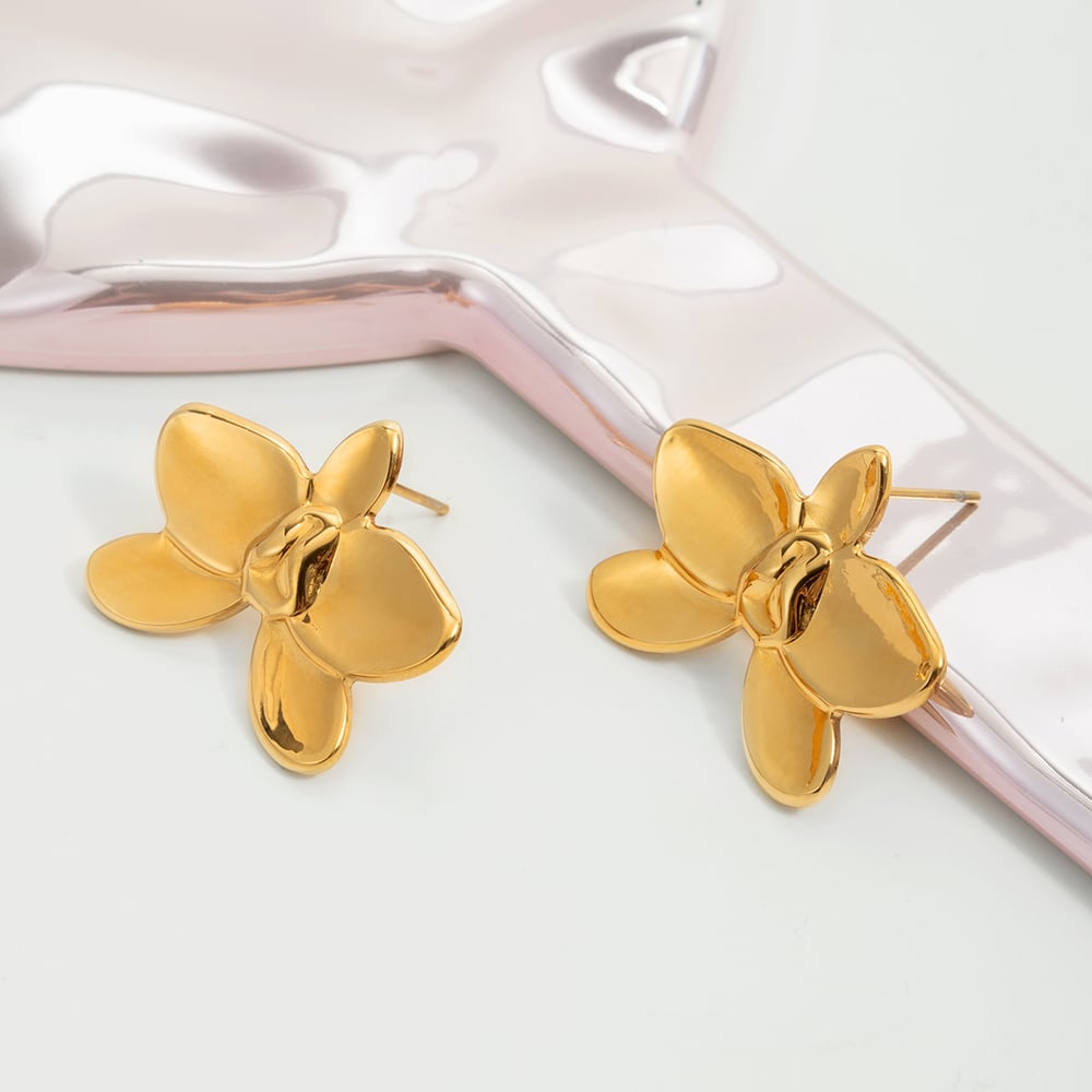 1 Pair Luxurious Phalaenopsis Stainless Steel Gold Color Women's Stud Earrings h5Picture3