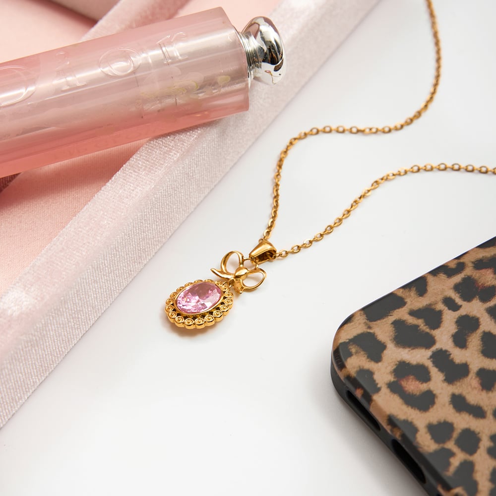 1 Piece Classic Circle Pink Zircon Stainless Steel Gold Color Women's Pendant Necklaces Picture6