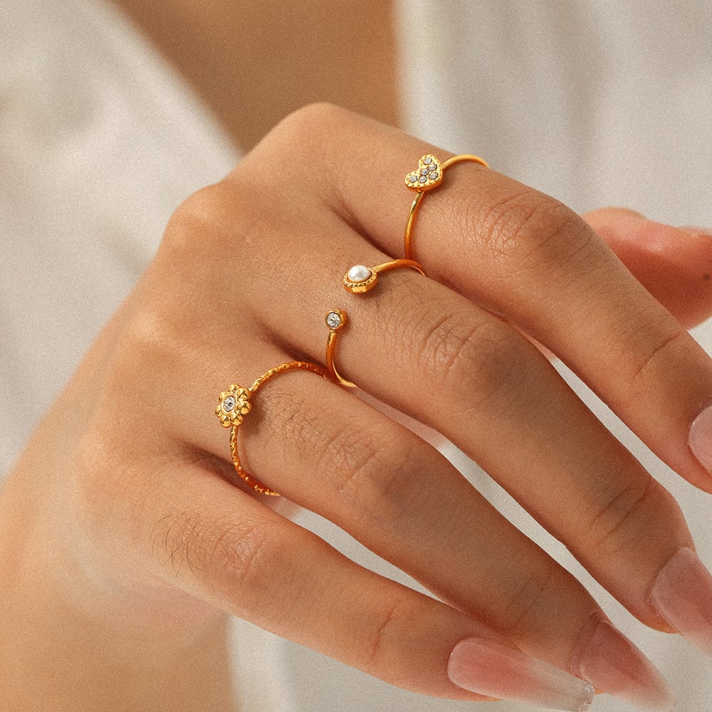 Flower Heart Stainless Steel Gold Color Zircon Rings Set h5Picture4