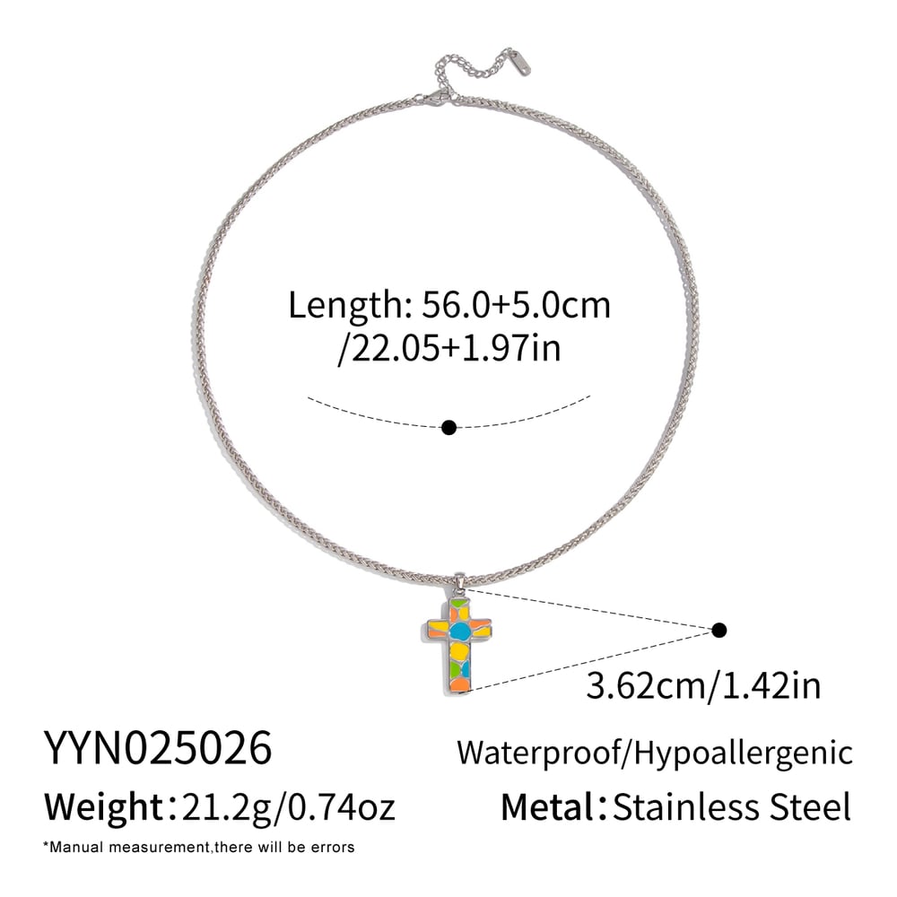 Collier pendentif croix en émail et acier inoxydable, 1 pièce