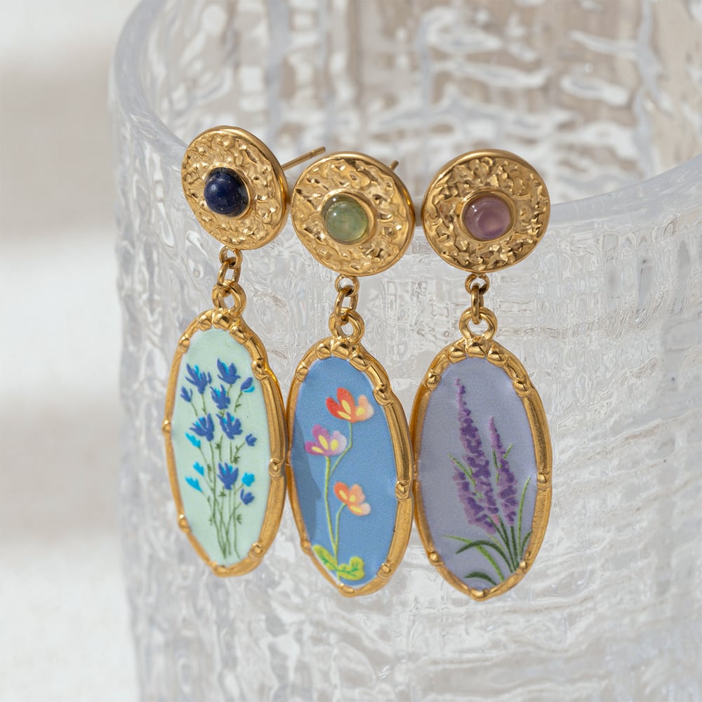 1 Pair Romantic Enamel Flower Stainless Steel  Gold Color Natural Stone Drop Earrings h5Picture3