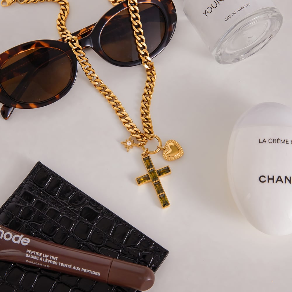 1 Piece Luxurious Cross Green Zircon Stainless Steel Gold Color Women's Pendant Necklaces Picture5