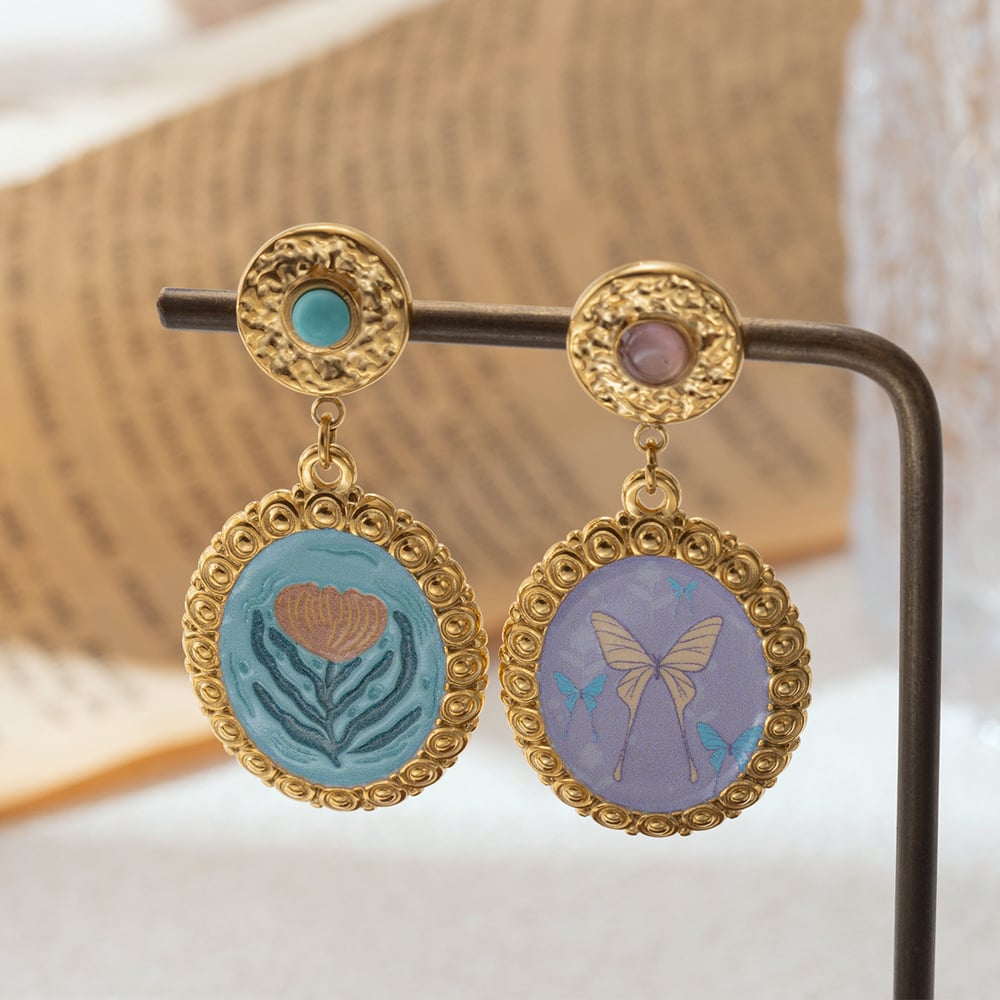 1 Pair Romantic Enamel Flower Stainless Steel  Gold Color Drop Earrings h5Picture4