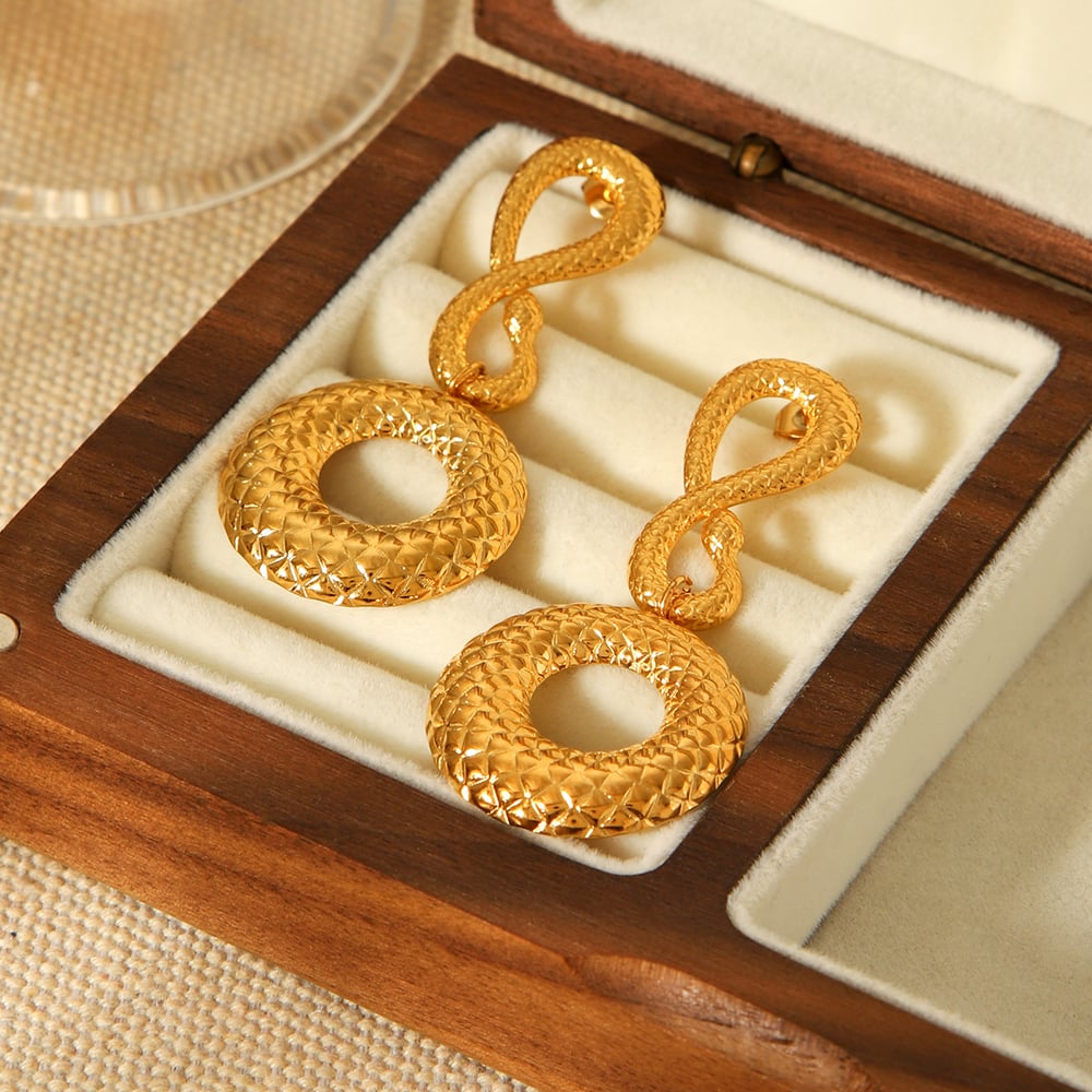 1 Pair Snakeskin Pattern Stainless Steel Gold Color Dangle Earrings h5Picture4