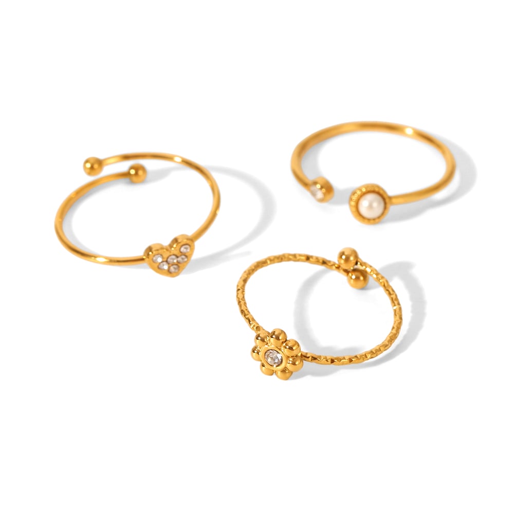 Flower Heart Stainless Steel Gold Color Zircon Rings Set