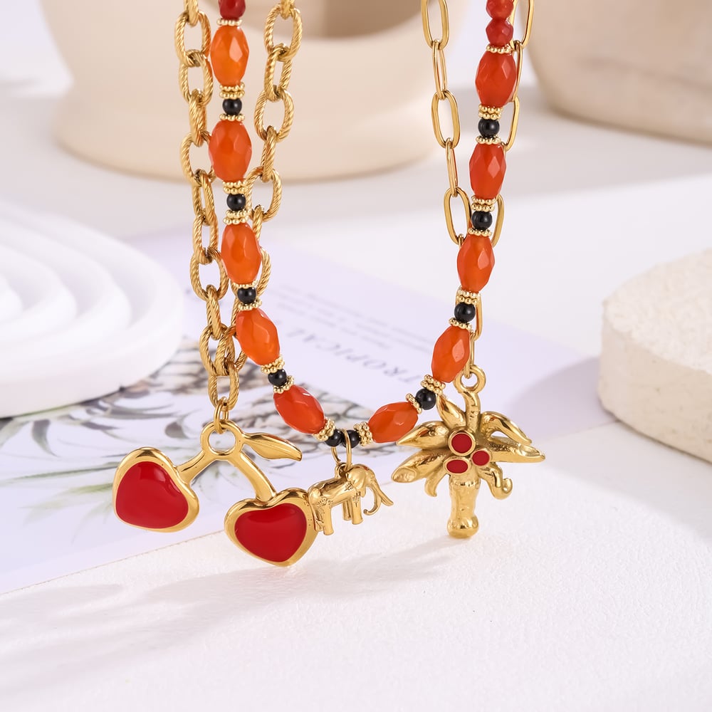 Collar con colgante de acero inoxidable con forma de corazón y cereza de piedra natural para mujer, serie roja, 1 unidad h5Imagen3