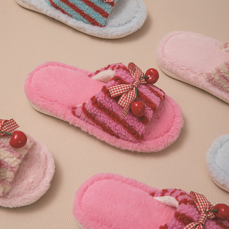 1 Pair Color-blocking Striped Bow Cherry Home Plush Slippers h5Picture4