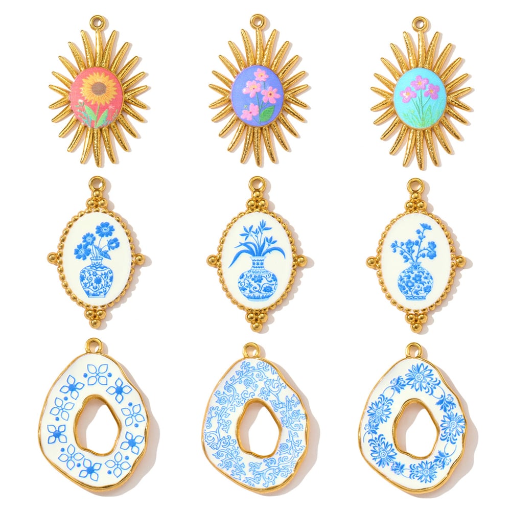 1 Piece Blue&White Porcelain Pattern Stainless Steel Women's Pendants Picture5