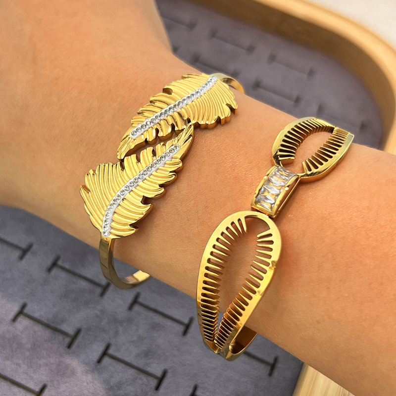 1 Parça Yaprak Şeklinde Paslanmaz Çelik Altın Renkli Bilezik Resim2